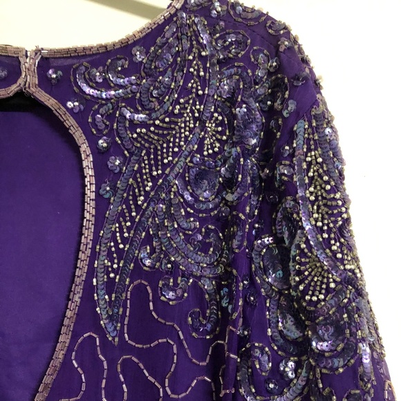 Vintage 1980s Purple Sequin and Beaded Silk Dress Art Deco Flapper Style Size 10 - Picture 7 of 13